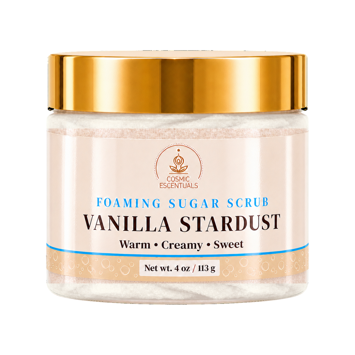 A jar of Cosmic Essentials Vanilla Stardust Foaming Sugar Scrub with a shiny gold lid and a cream-colored label, shown on a plain white background.