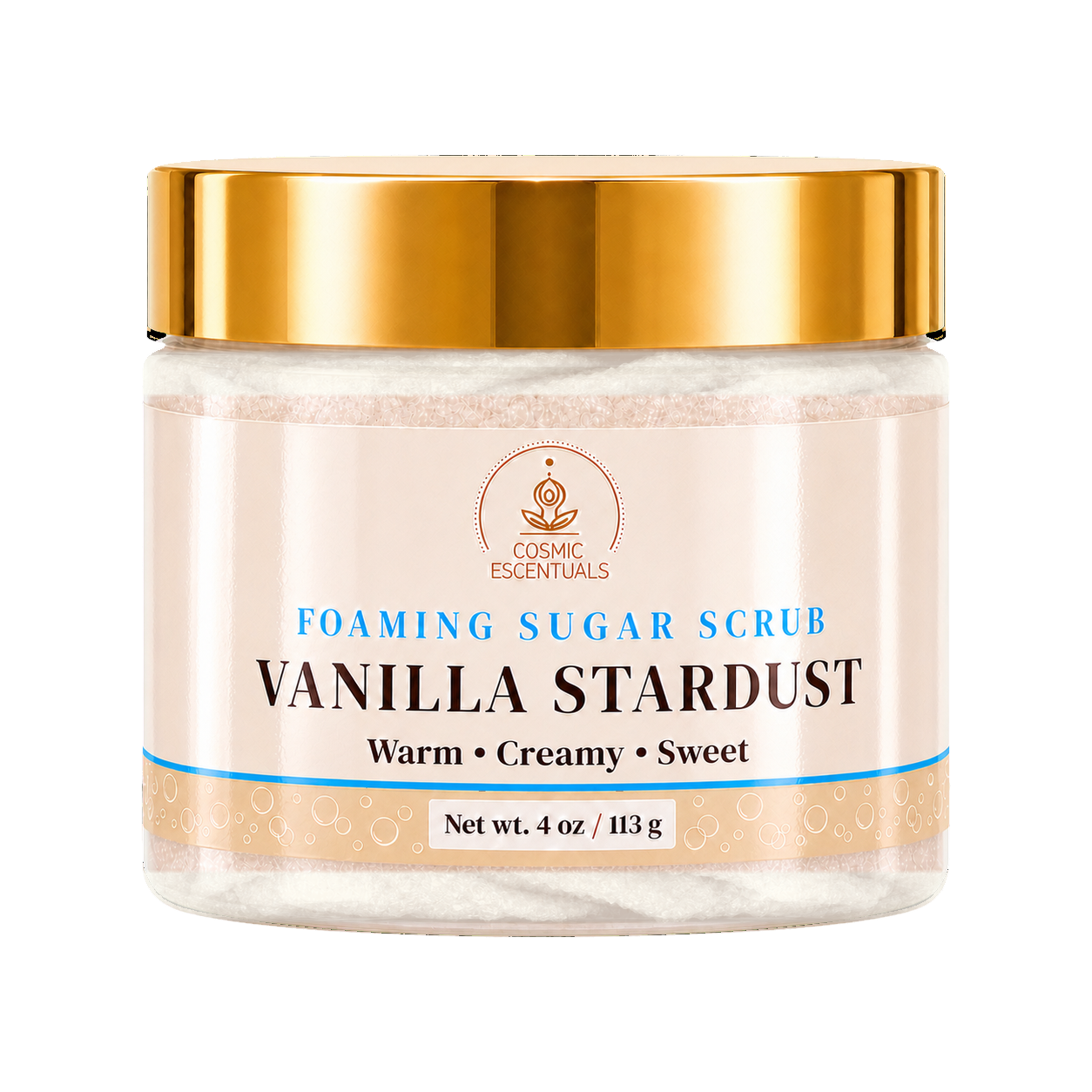A jar of Cosmic Essentials Vanilla Stardust Foaming Sugar Scrub with a shiny gold lid and a cream-colored label, shown on a plain white background.