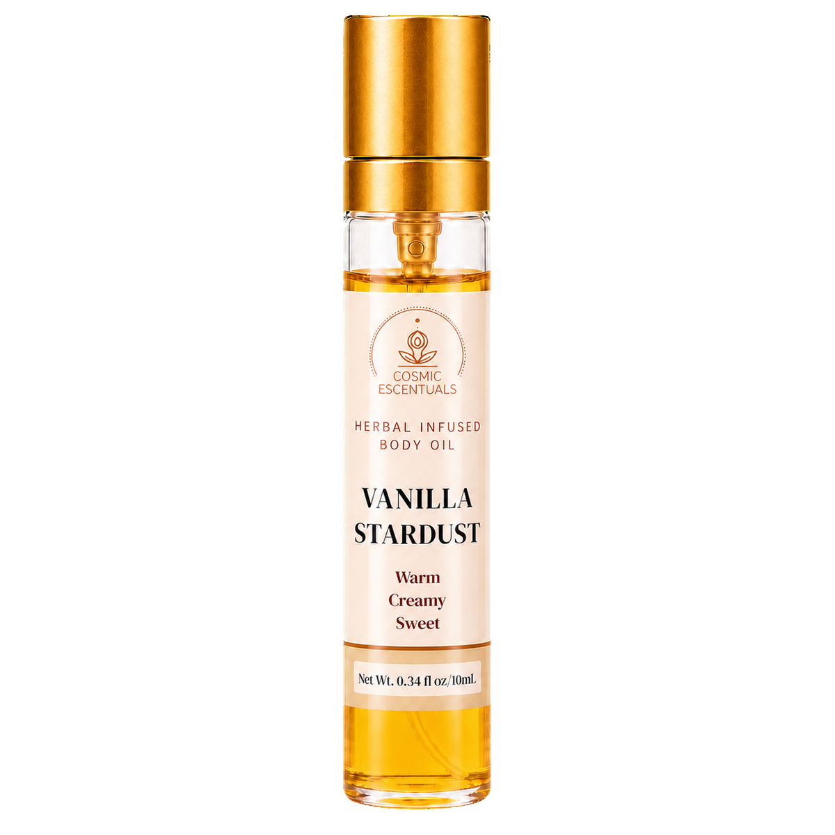 A 10ml glass bottle of Vanilla Stardust herbal infused body oil by Cosmic Essentials, featuring a metallic gold cap and a cream-colored label with black text.