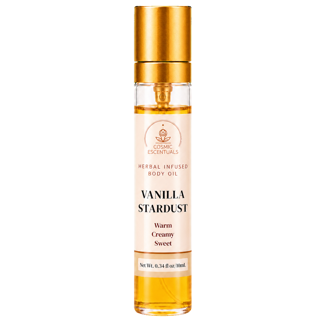 A 10ml glass bottle of Vanilla Stardust herbal infused body oil by Cosmic Essentials, featuring a metallic gold cap and a cream-colored label with black text.