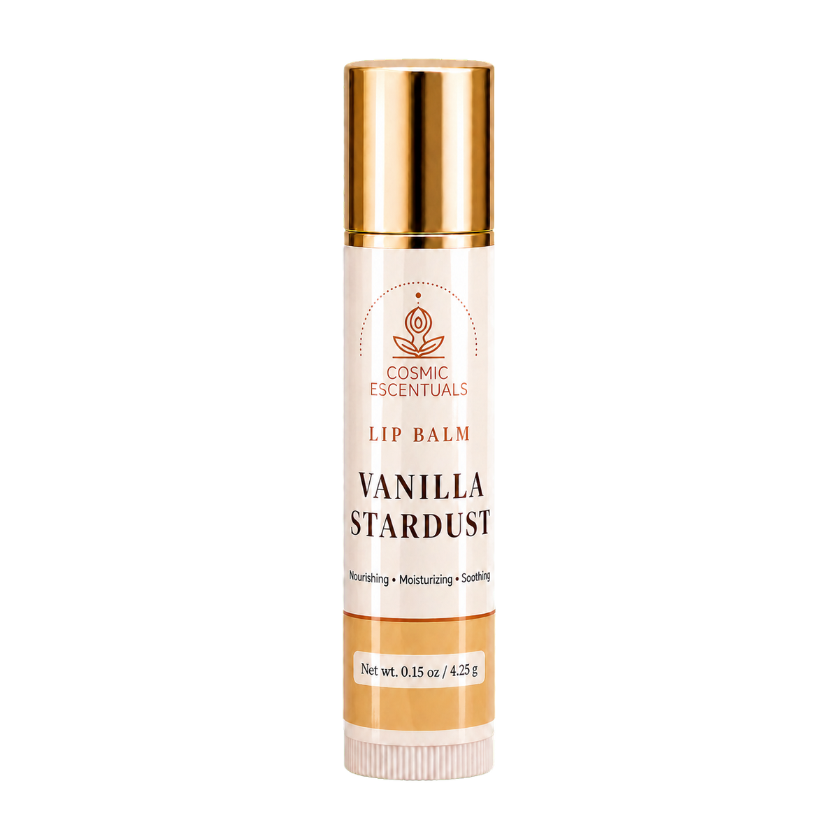 Vanilla Stardust Lip Balm tube on a plain white background.