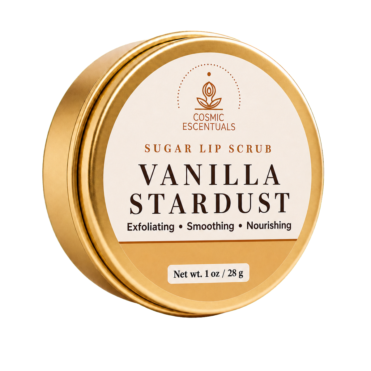 Vanilla Stardust Sugar Lip Scrub jar with cream-colored label on a plain white background.