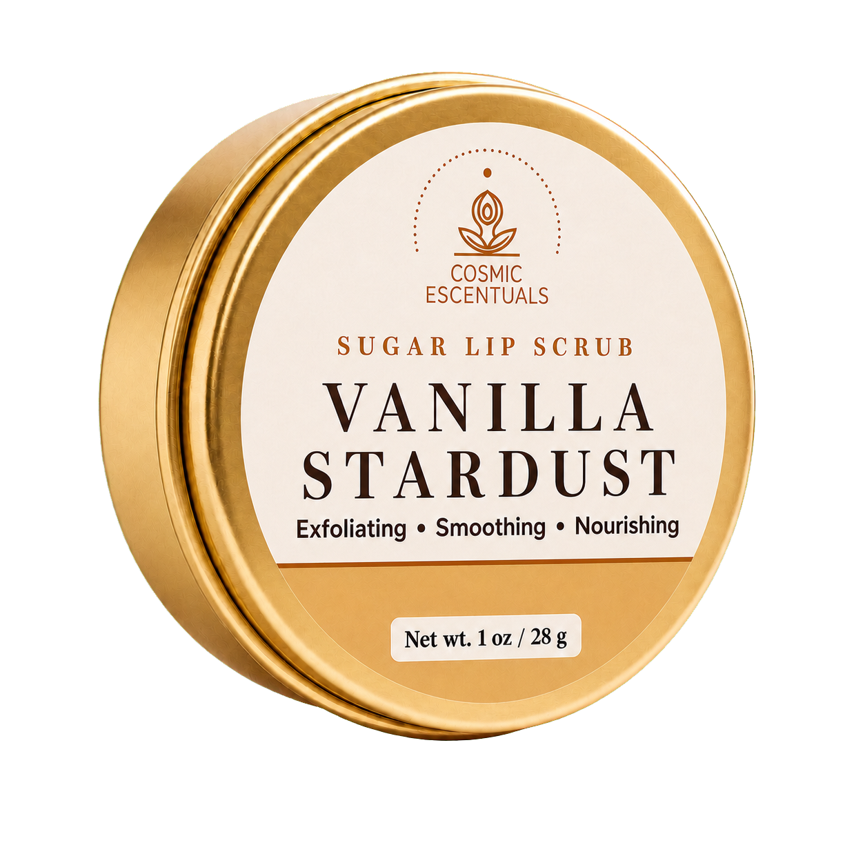 Vanilla Stardust Sugar Lip Scrub jar with cream-colored label on a plain white background.