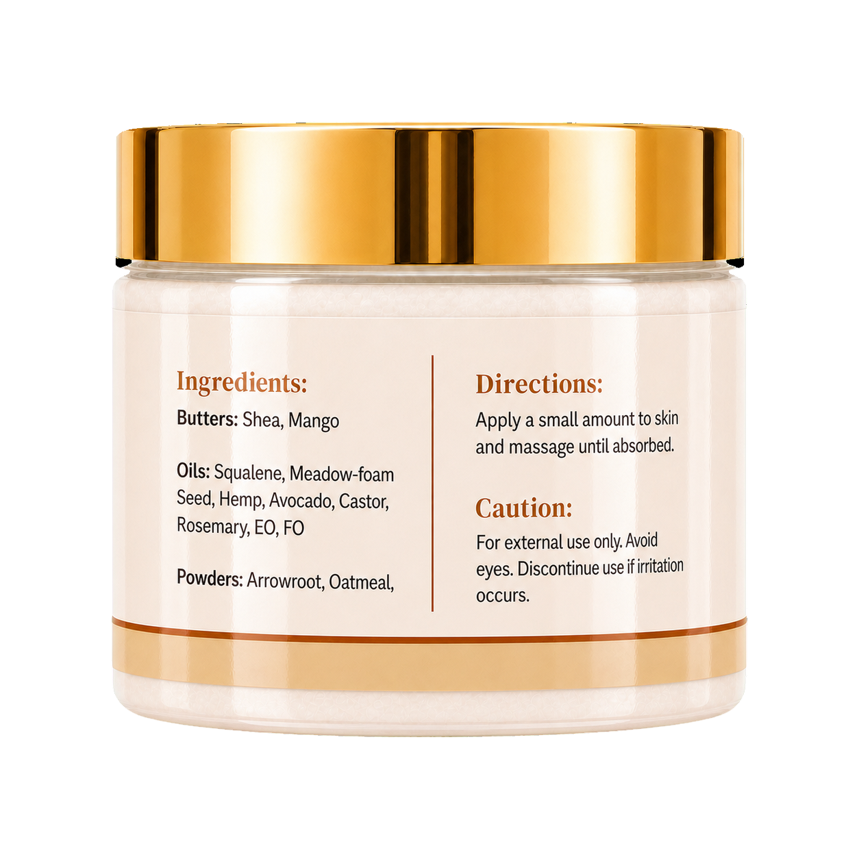 A cosmetic jar with a reflective gold metallic lid and a cream-colored label showing product ingredients and usage directions, set against a plain white background.
