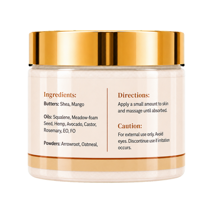 A cosmetic jar with a reflective gold metallic lid and a cream-colored label showing product ingredients and usage directions, set against a plain white background.