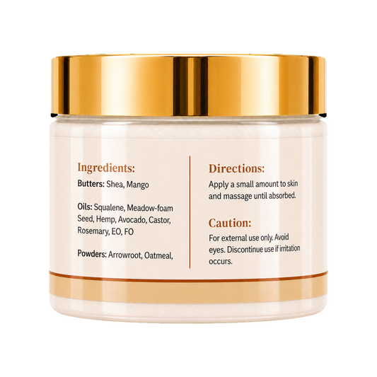 A cosmetic jar with a reflective gold metallic lid and a cream-colored label showing product ingredients and usage directions, set against a plain white background.