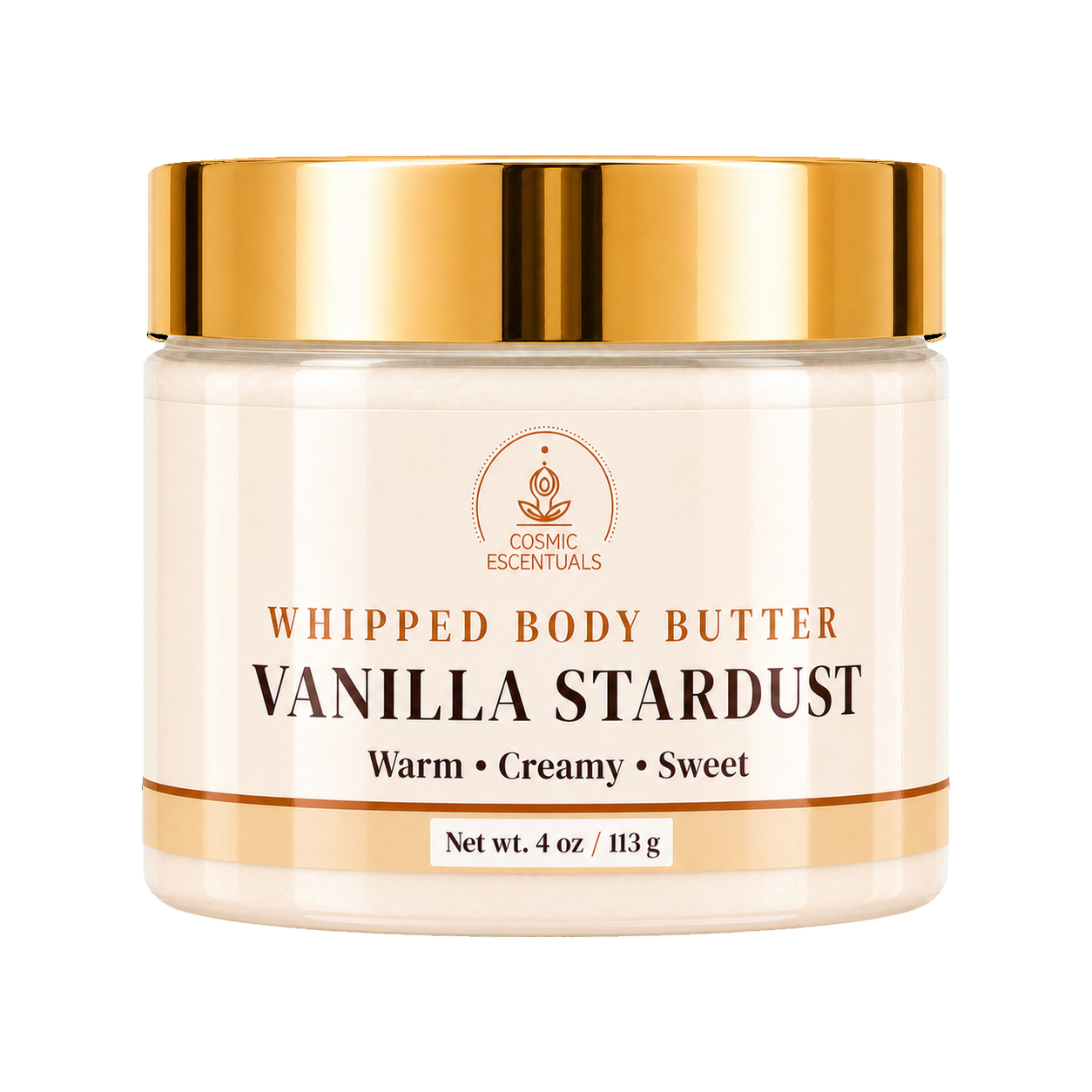 Cosmic Essentials Vanilla Stardust Whipped Body Butter in a clear jar with a shiny gold lid and cream-colored label, set against a plain white background.