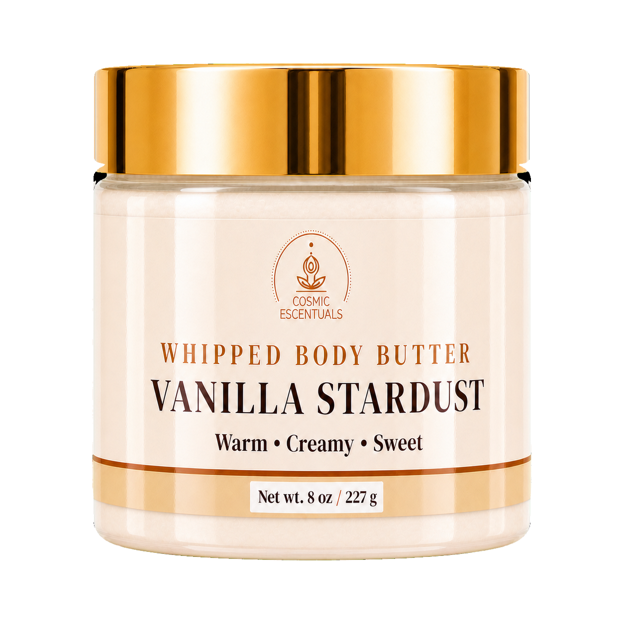 A jar of Cosmic Essentials Whipped Body Butter in Vanilla Stardust scent, featuring a metallic gold lid and a cream-colored label on a white background.
