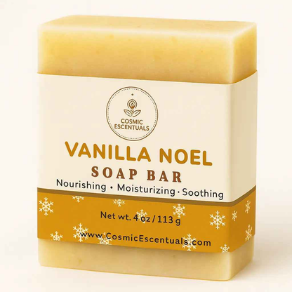 Vanilla Noel soap bar in pale yellow, rectangular shape with front label