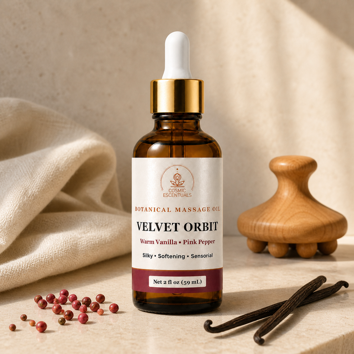 Velvet Orbit botanical massage oil with a semi-gloss pigment-ink label, styled with cream linen, pink peppercorns, vanilla pods, and a wooden massage tool.