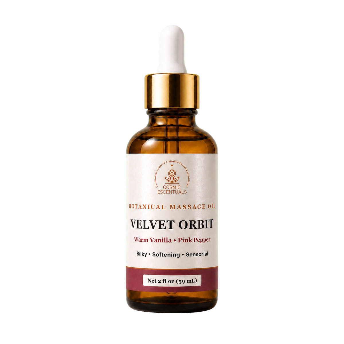 Cosmic Escentuals Velvet Orbit botanical massage oil in a 2 oz amber glass dropper bottle with a semi-gloss pigment-ink label, isolated on a transparent background.