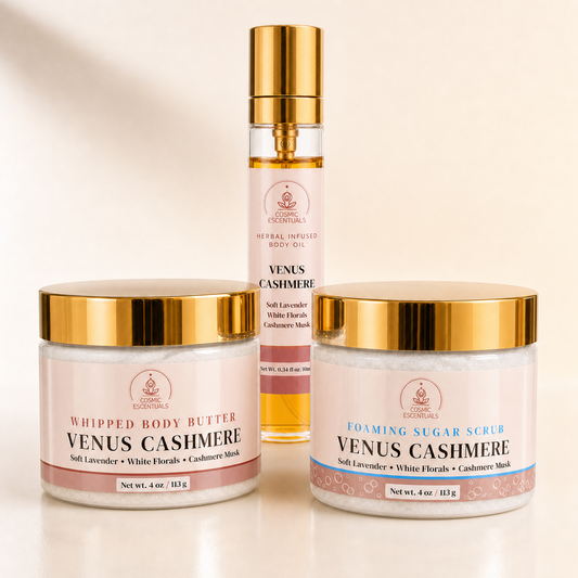 Venus Cashmere ritual bundle — Whipped Body Butter, Foaming Sugar Scrub, and Herbal Body Oil Spray shown together in realistic packaging.
