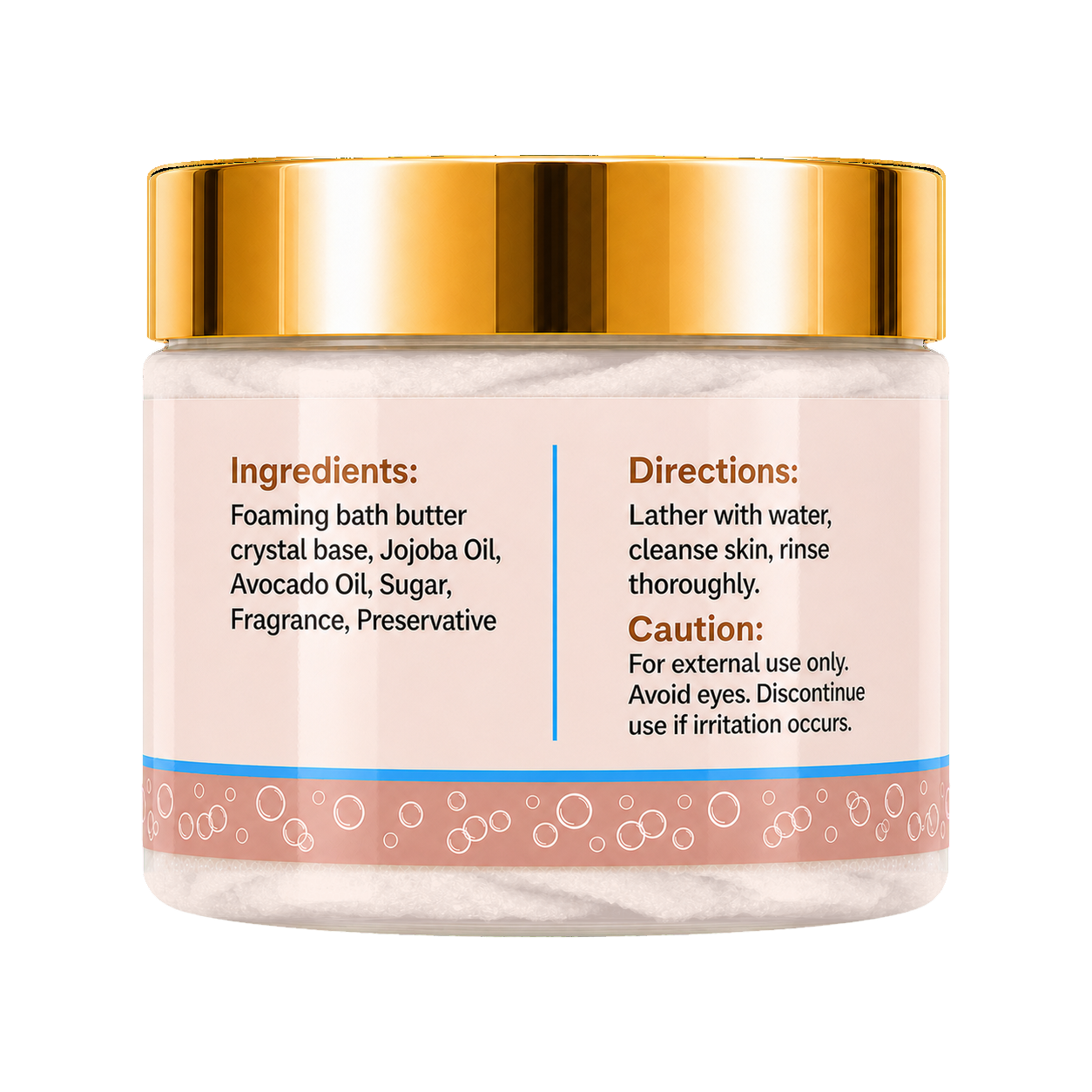 A jar of foaming bath butter with a shiny gold lid and a pale pink label showing ingredients and directions, set against a plain white background.