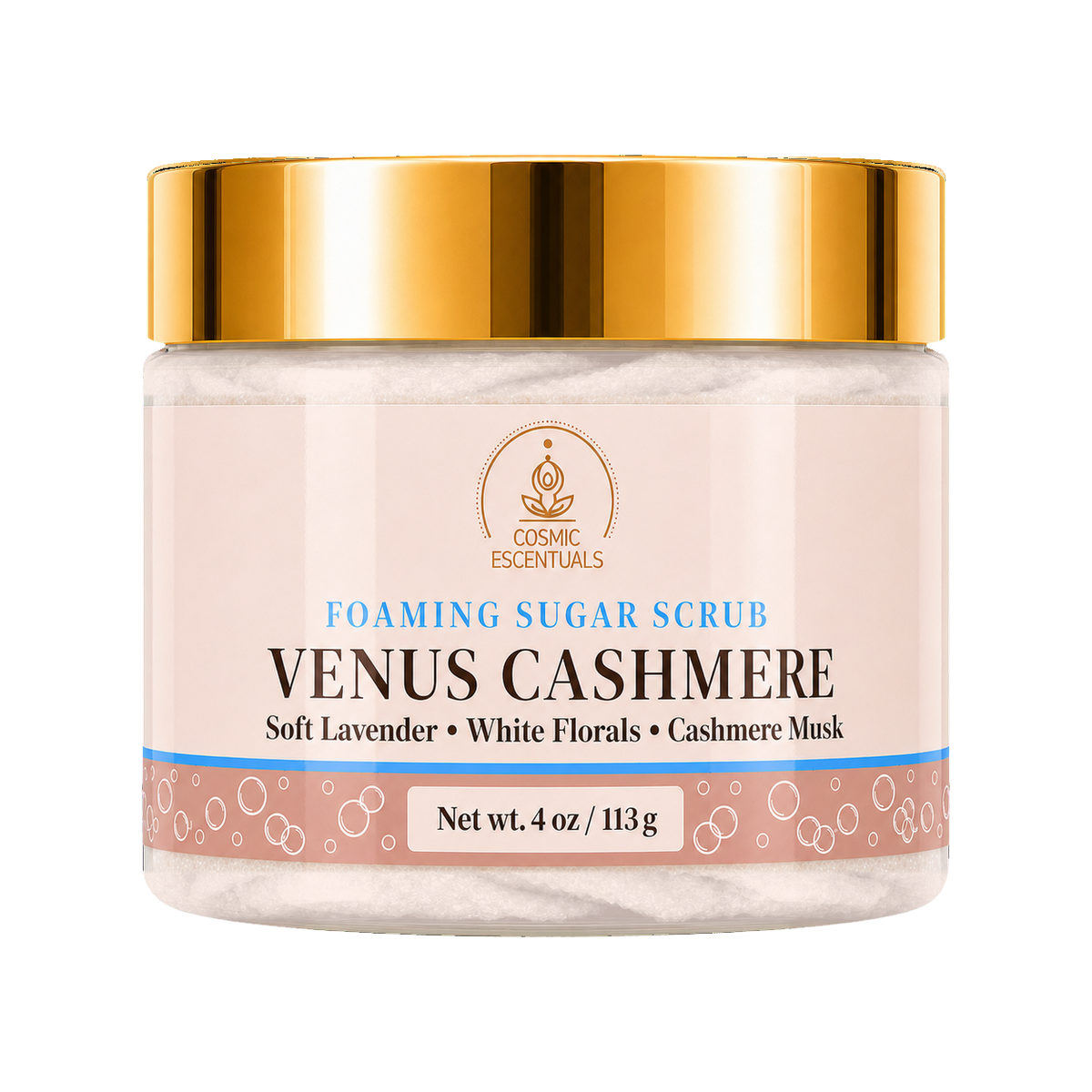 Cosmic Essentials Venus Cashmere Foaming Sugar Scrub in a 4 oz jar with a shiny gold lid and a soft pink label.