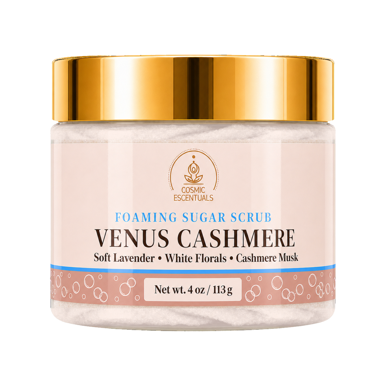 Cosmic Essentials Venus Cashmere Foaming Sugar Scrub in a 4 oz jar with a shiny gold lid and a soft pink label.