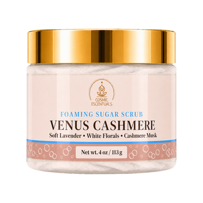 Cosmic Essentials Venus Cashmere Foaming Sugar Scrub in a 4 oz jar with a shiny gold lid and a soft pink label.