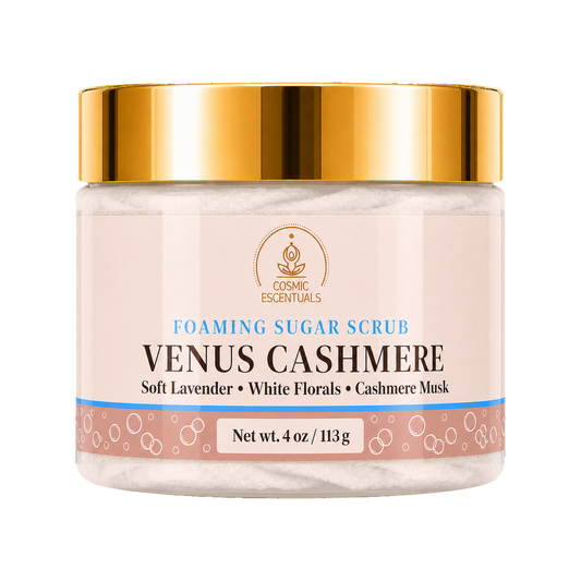 Cosmic Essentials Venus Cashmere Foaming Sugar Scrub in a 4 oz jar with a shiny gold lid and a soft pink label.