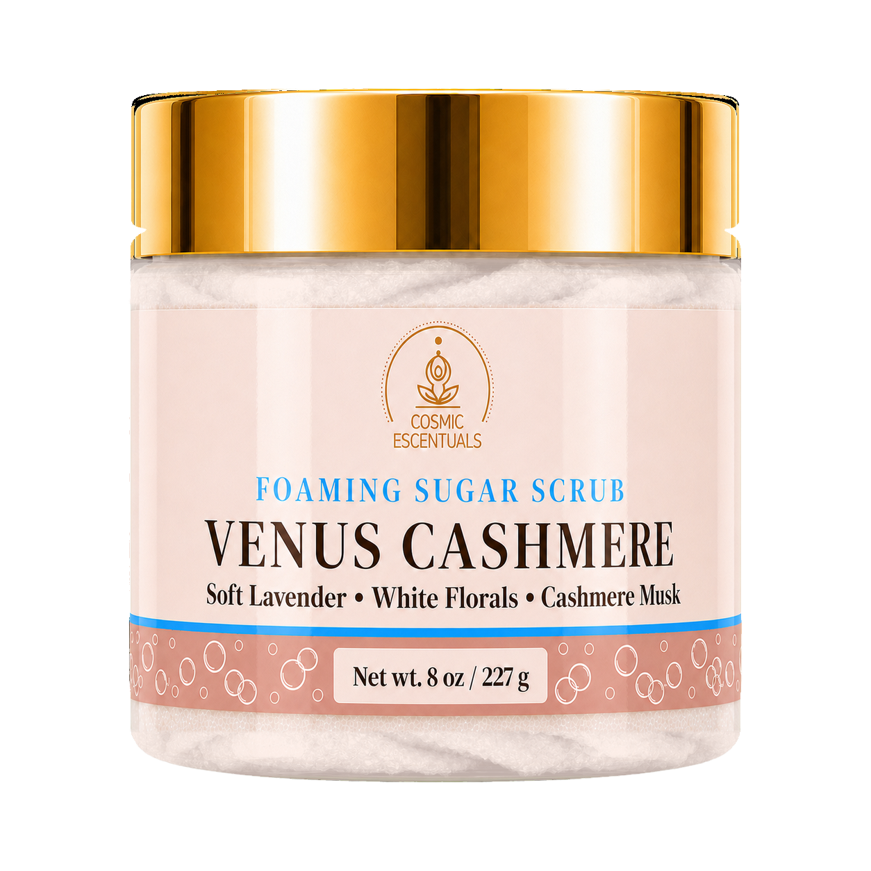 Cosmic Essentials Venus Cashmere Foaming Sugar Scrub in an 8 oz jar with a shiny gold lid and a soft pink label.