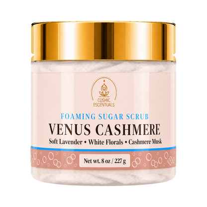Cosmic Essentials Venus Cashmere Foaming Sugar Scrub in an 8 oz jar with a shiny gold lid and a soft pink label.
