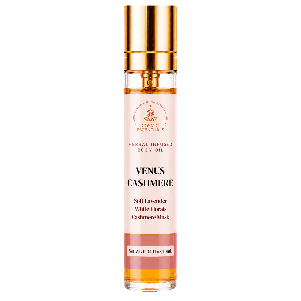 A 30ml glass bottle of COSMIC ESSENTIALS Venus Cashmere Herbal Infused Body Oil with a shiny gold cap, shown against a plain white background.