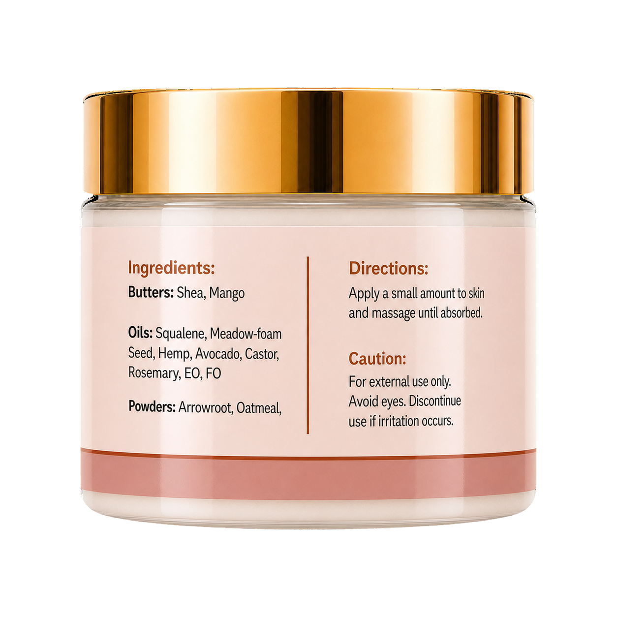 A cosmetic jar of skin cream with a metallic gold lid and a pale pink label containing black text with ingredients and directions, on a white background.