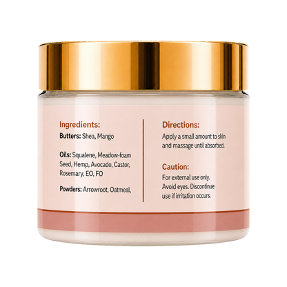 A cosmetic jar of skin cream with a metallic gold lid and a pale pink label containing black text with ingredients and directions, on a white background.