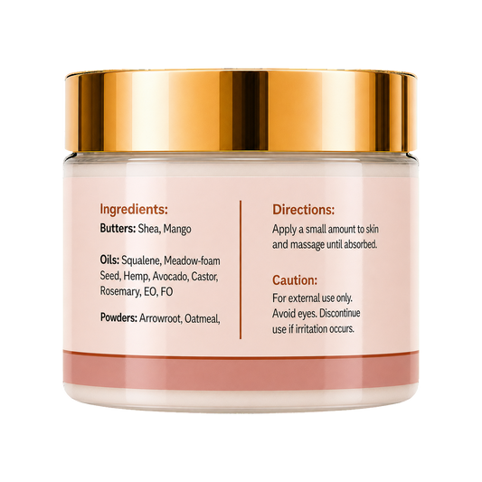 A cosmetic jar of skin cream with a metallic gold lid and a pale pink label containing black text with ingredients and directions, on a white background.
