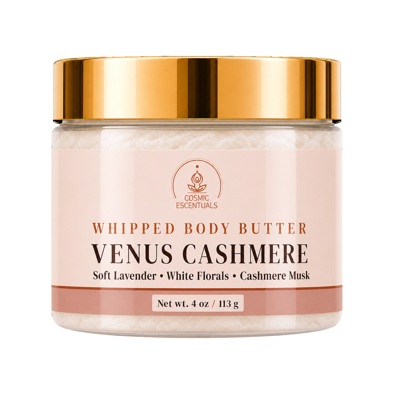 Cosmic Essentials Venus Cashmere Whipped Body Butter in a clear jar with a reflective gold lid and a pale pink label, shown on a white background.