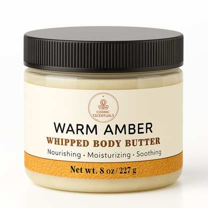 Warm Amber Whipped Body Butter jar, cream whipped texture, black ridged lid