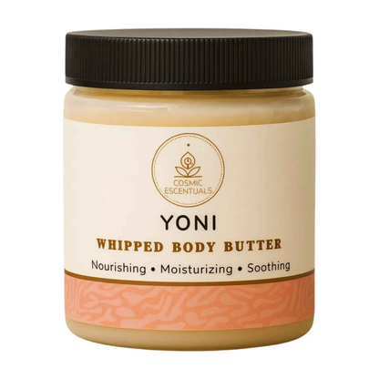 Yoni whipped body butter jar with beige label and black ribbed lid