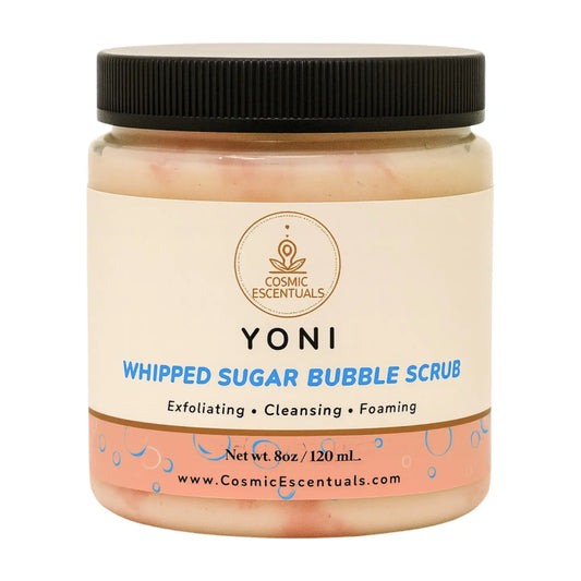 Jar of Yoni whipped sugar bubble scrub with Cosmic Escentuals branding on a white background