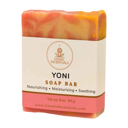 Yoni soap bar, orange and yellow swirl with gold text label