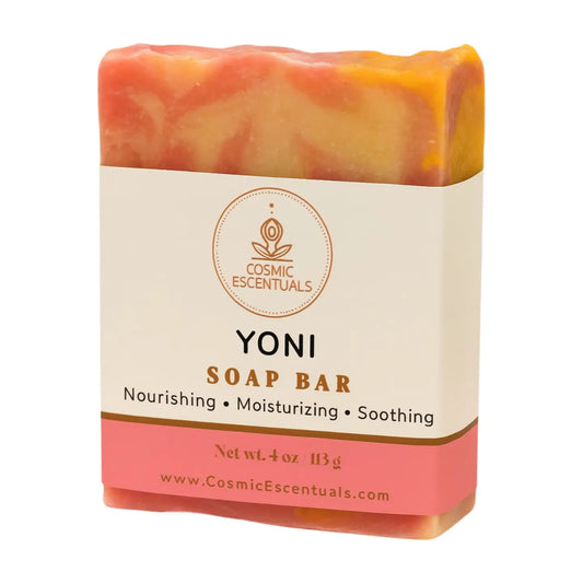 Yoni soap bar with Cosmic Escentuals branding on a white background