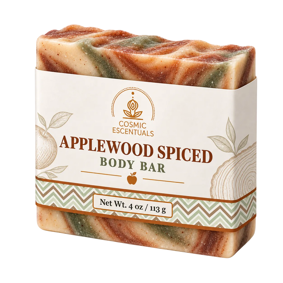 Applewood Spiced Body Bar by Cosmic Escentuals on a warm white background