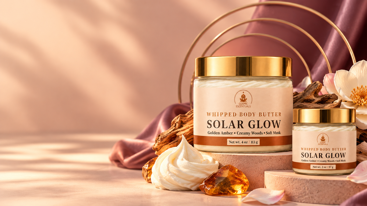 Solar Glow full-size and 2 oz whipped body butter arranged in a warm editorial Butter Club scene