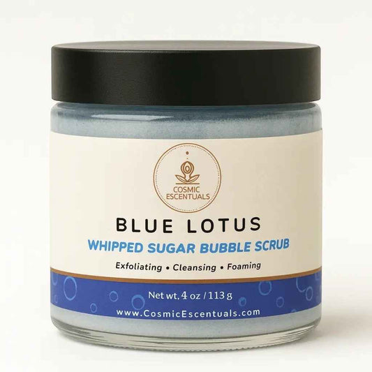 Blue Lotus whipped sugar bubble scrub jar with dark lid, blue pattern label, 4 oz