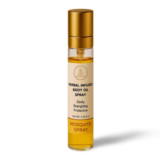 Cosmic Escentuals Herbal Infused Body Oil Spray, a mosquito repellent with zesty, energizing, and protective qualities. 0.34 fl oz.