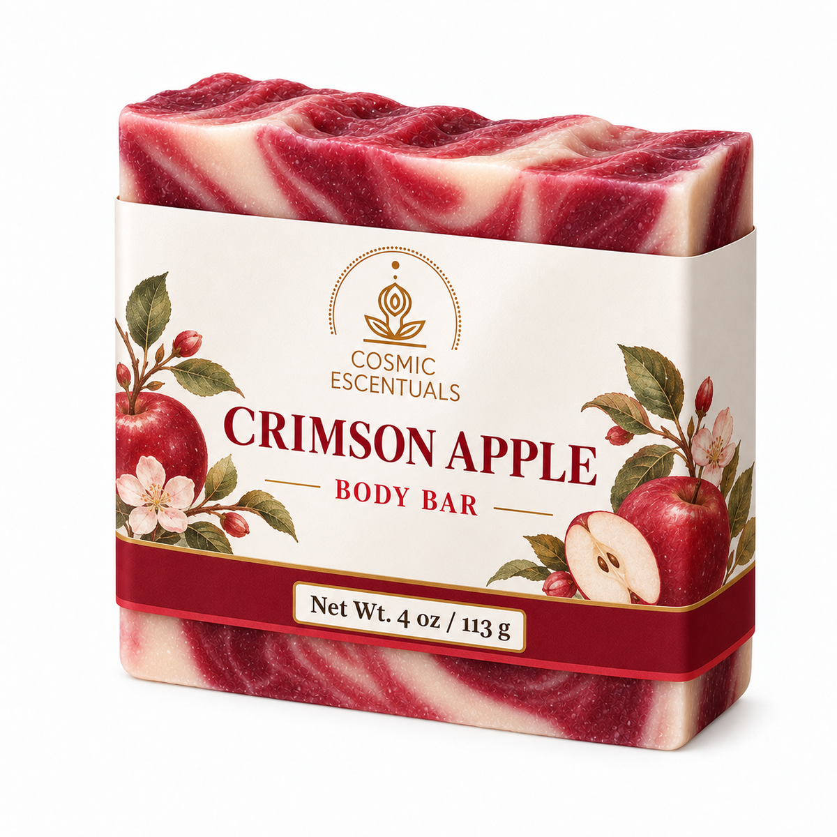 Crimson Apple Body Bar by Cosmic Escentuals on a warm white background