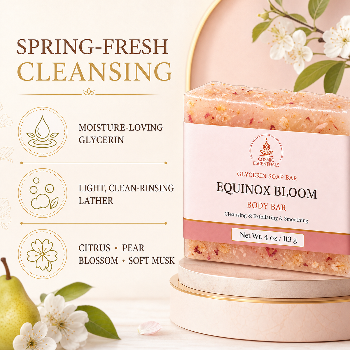 Equinox Bloom Glycerin Body Bar benefits: moisture-loving glycerin, clean-rinsing lather, and citrus, pear blossom, and soft musk.