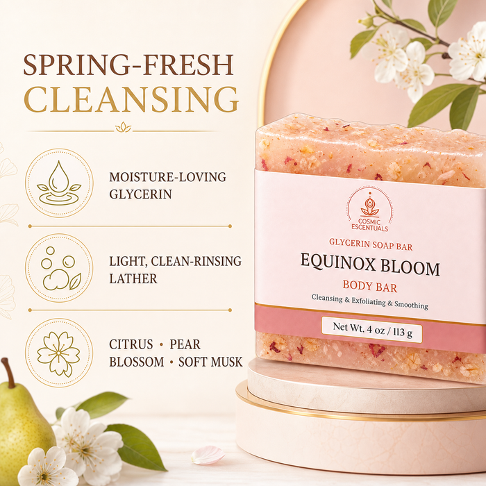 Equinox Bloom Glycerin Body Bar benefits: moisture-loving glycerin, clean-rinsing lather, and citrus, pear blossom, and soft musk.