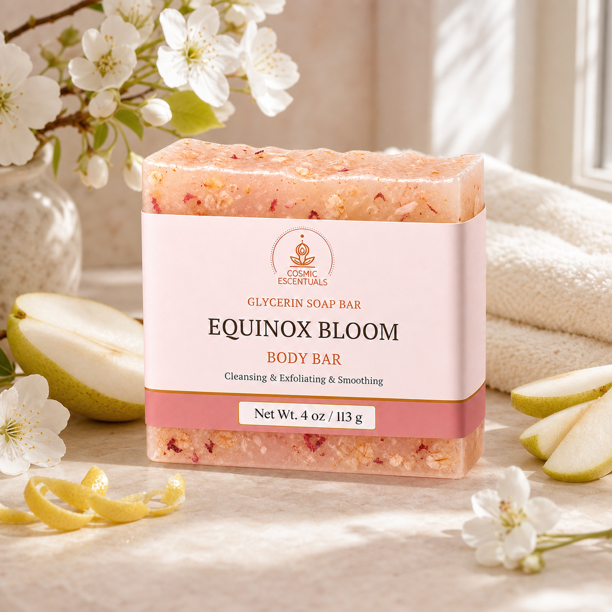 Equinox Bloom Glycerin Body Bar styled with pear, blossoms, citrus peel, and a cream towel.