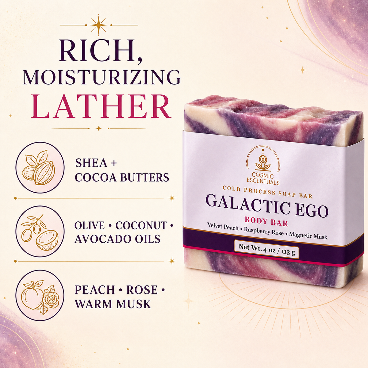Galactic Ego Body Bar benefits: rich moisturizing lather, shea and cocoa butters, nourishing plant oils, and peach, rose, and warm musk.