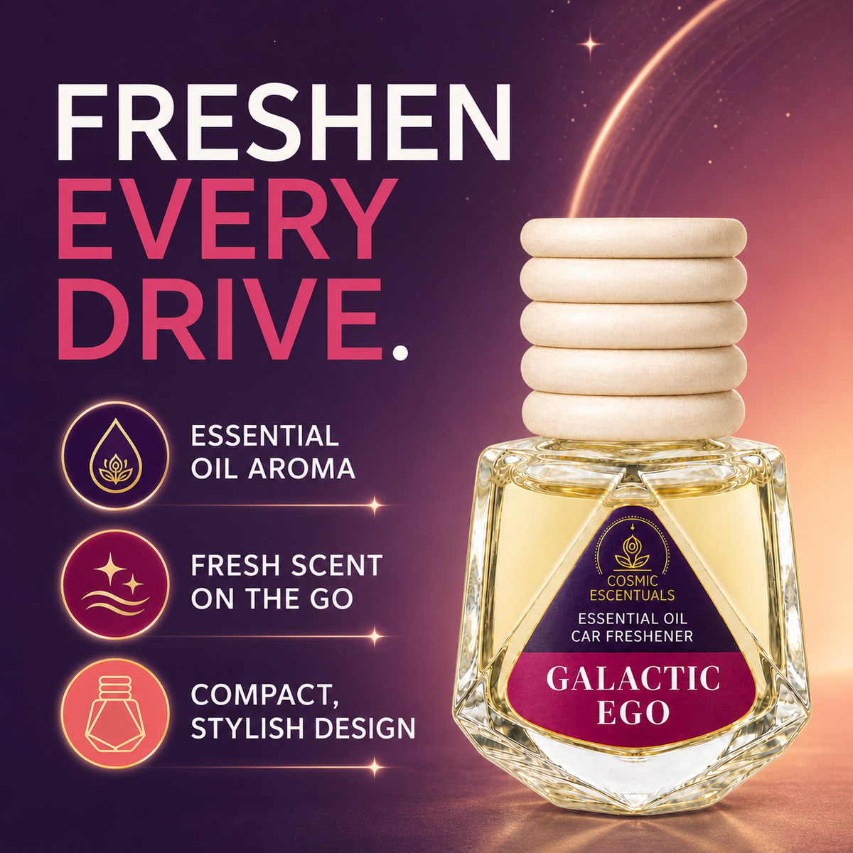 Galactic Ego Essential Oil Car Freshener benefits: essential-oil aroma, fresh scent on the go, and compact stylish design.