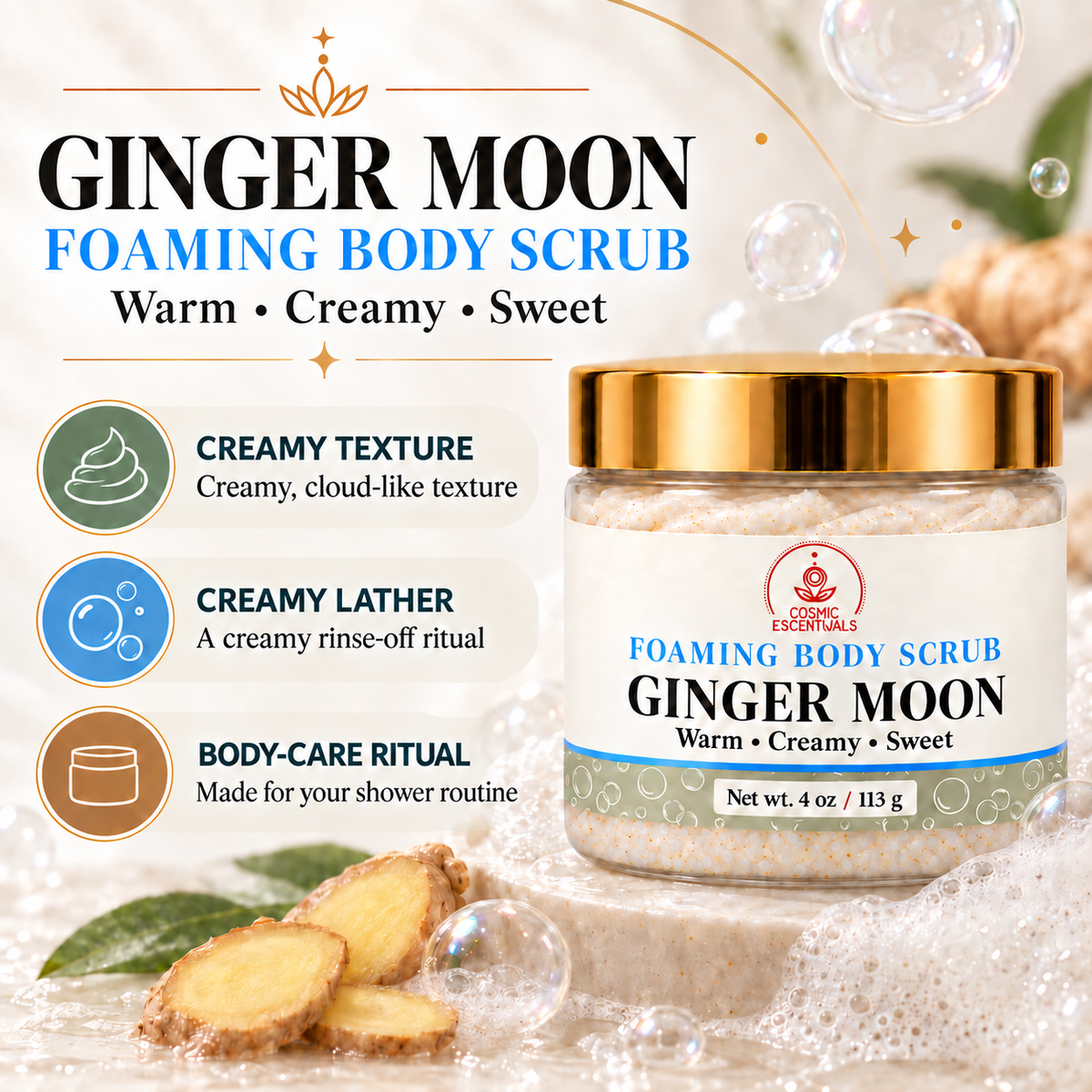 Ginger Moon Foaming Body Scrub creamy texture creamy lather and body-care ritual highlights