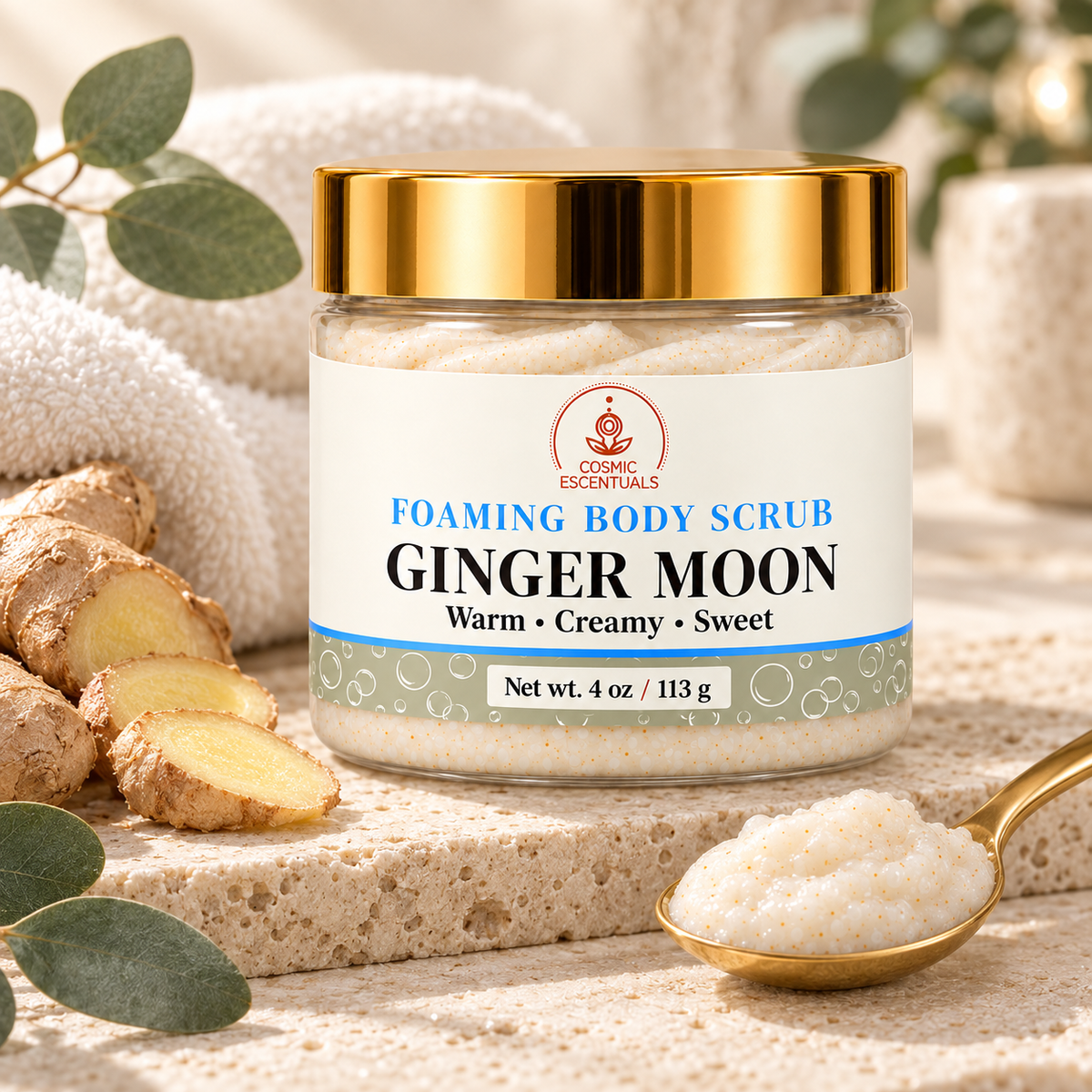 Ginger Moon Foaming Body Scrub 4 oz with creamy scrub and ginger in a warm spa setting