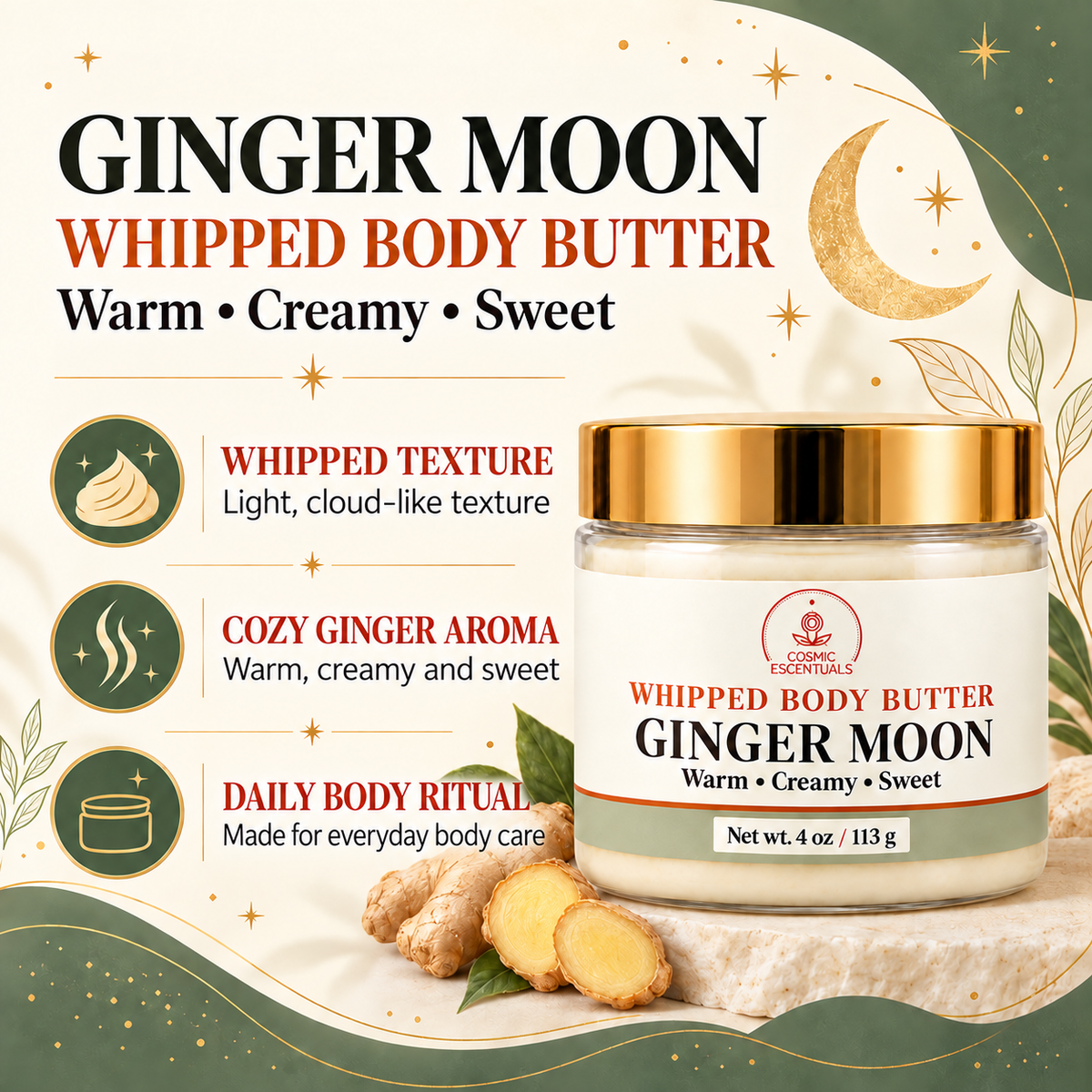 Ginger Moon Whipped Body Butter whipped texture ginger aroma and daily body ritual highlights