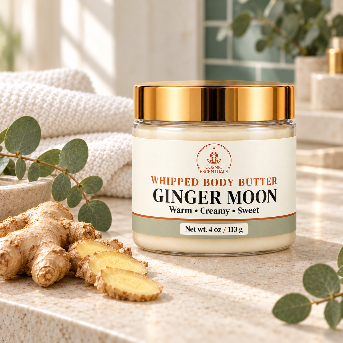 Ginger Moon Whipped Body Butter 4 oz with ginger in a warm spa setting