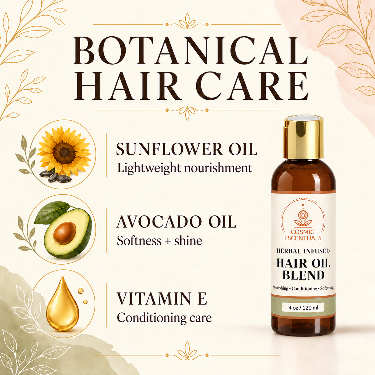 Botanical Hair Care graphic for the 4 oz Herbal Infused Hair Oil Blend, featuring sunflower oil, avocado oil, vitamin E, and the amber bottle with gold cap.