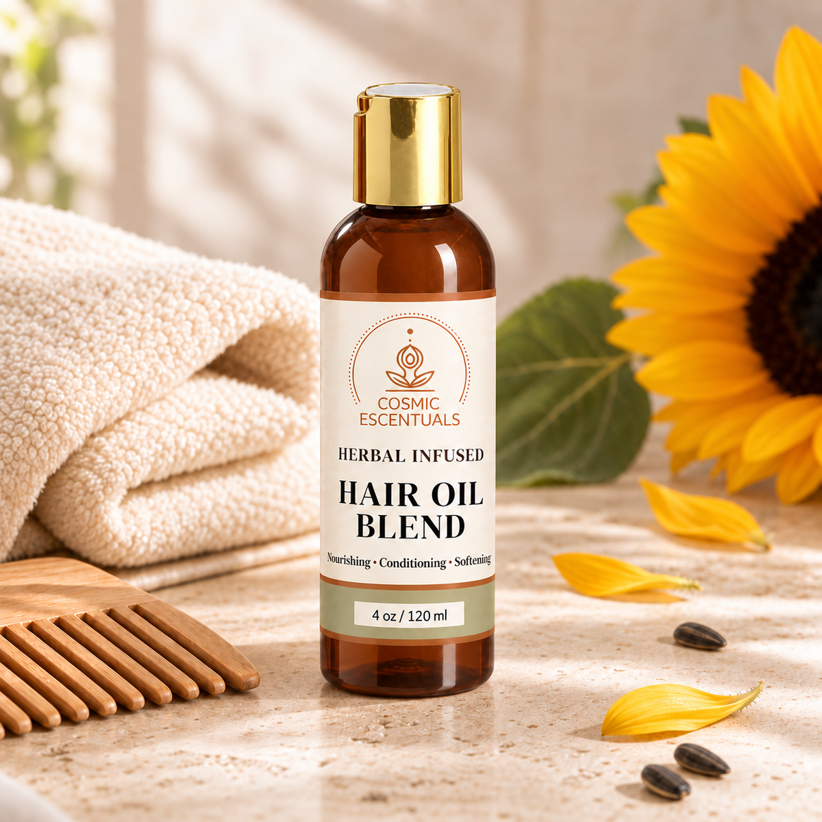 4 oz Herbal Infused Hair Oil Blend amber bottle with gold cap on a stone surface beside a cream towel, wooden comb, and sunflower.