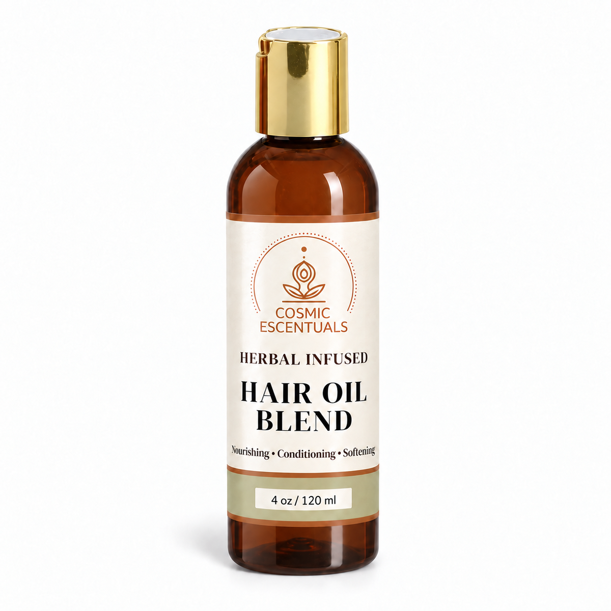 4 oz Cosmic Escentuals Herbal Infused Hair Oil Blend in an amber bottle with gold and white cap and satin-finish cream and sage label on a white background.
